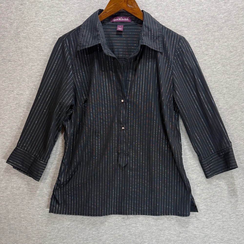 Gloria Vanderbilt Top Womens Medium Black Metallic Pinstripe Career Shimmer